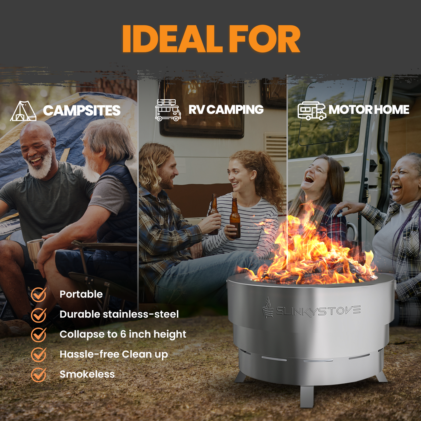 Smokeless Fire Pit for Outdoor Wood-Burning – Portable, Compact & Foldable Design for Camping, Bonfires, Tiny Cabin, Ventless Burn, Solo Pits, and Backyard Use – Stainless Steel, 23-Inch Slinky Stove Firepit