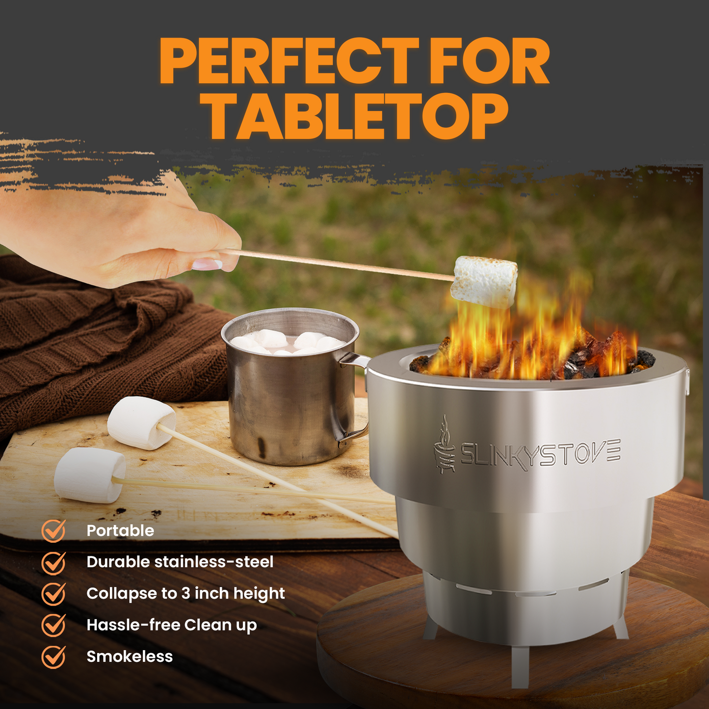 Slinky Stove - Fogón portátil sin humo de 7" con bolsa de transporte, diseño de acero inoxidable plegable para acampar, patio trasero, fogatas y leña al aire libre - Ligero para un uso fácil