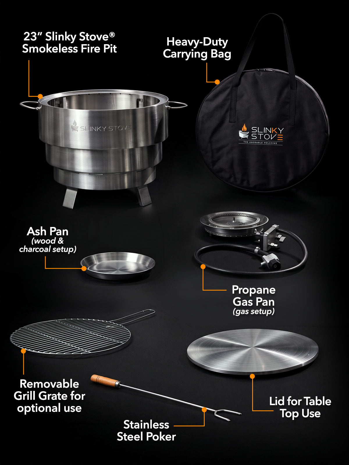 Slinky Stove 23-inch fire pit with carrying bag, ash pan, propane burner and hose, wood-only grill grate, lid, and stainless steel poker.