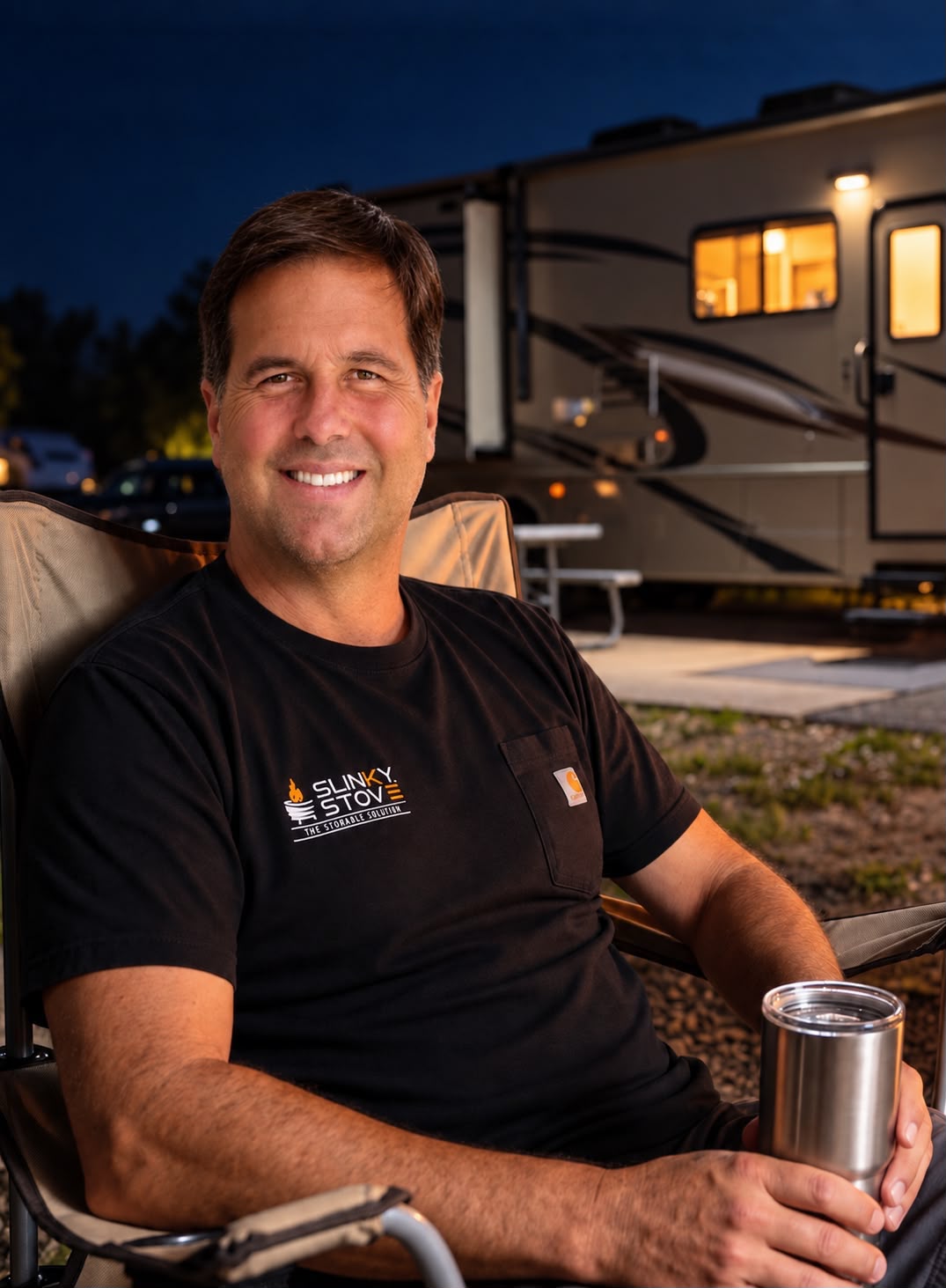 Eddie M. Cantelar, founder and inventor of Slinky Stove, at an RV campsite.