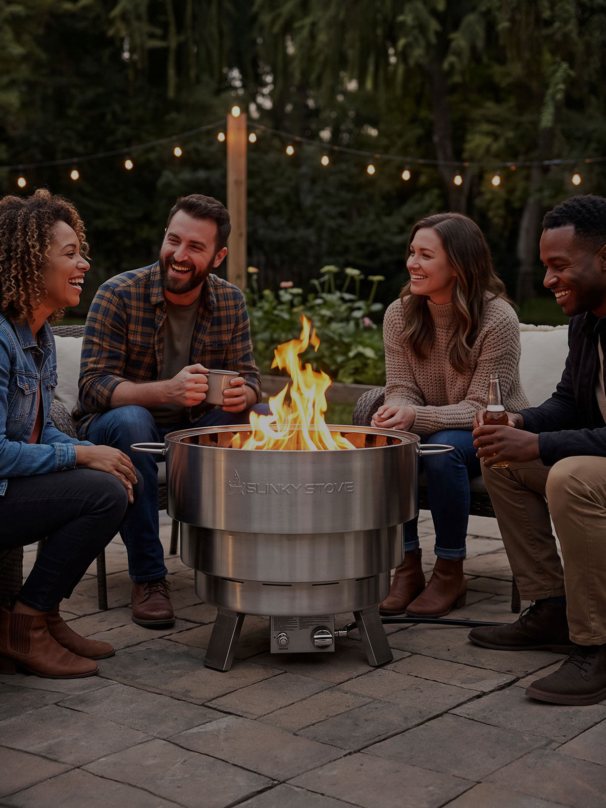 Friends gathered around a Slinky Stove fire pit on a backyard patio beneath string lights.