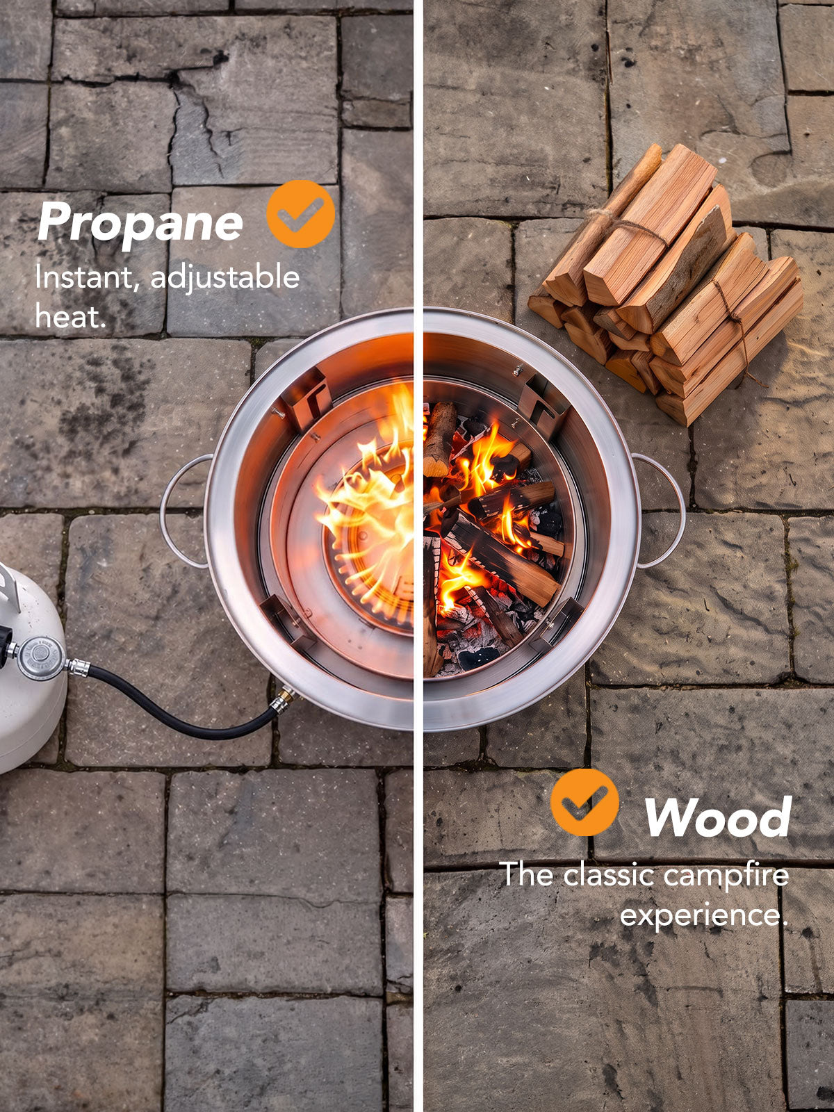 Overhead comparison of the Slinky Stove fire pit burning propane on the left and wood on the right. Fuels are used separately.