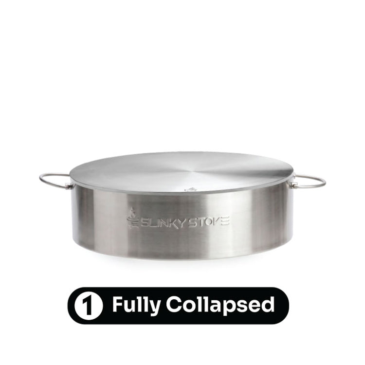 Slinky Stove fire pit fully collapsed to 6 inches with its stainless steel lid.