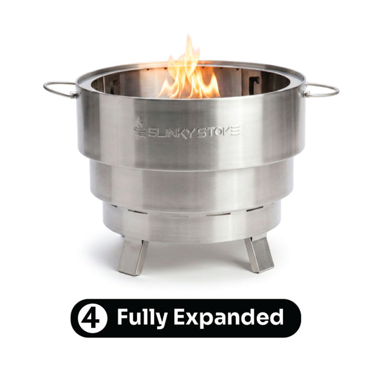 Slinky Stove fire pit fully expanded to approximately 18 inches with flames.