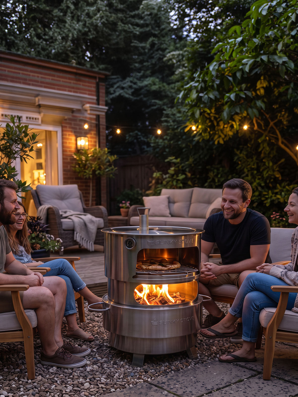 Friends gathered around a Slinky Stove pizza oven attachment mounted on the fire pit in a backyard.