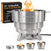 Slinky Stove 23-inch dual-fuel stainless steel fire pit burning propane, with retail box, collapsed view and three expansion levels.