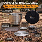 Slinky Stove 23-inch dual-fuel fire pit with carrying bag, ash pan, propane burner pan, poker, lid and wood-only grill grate.