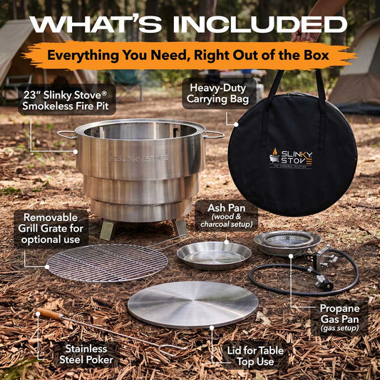 Slinky Stove 23-inch dual-fuel fire pit with carrying bag, ash pan, propane burner pan, poker, lid and wood-only grill grate.
