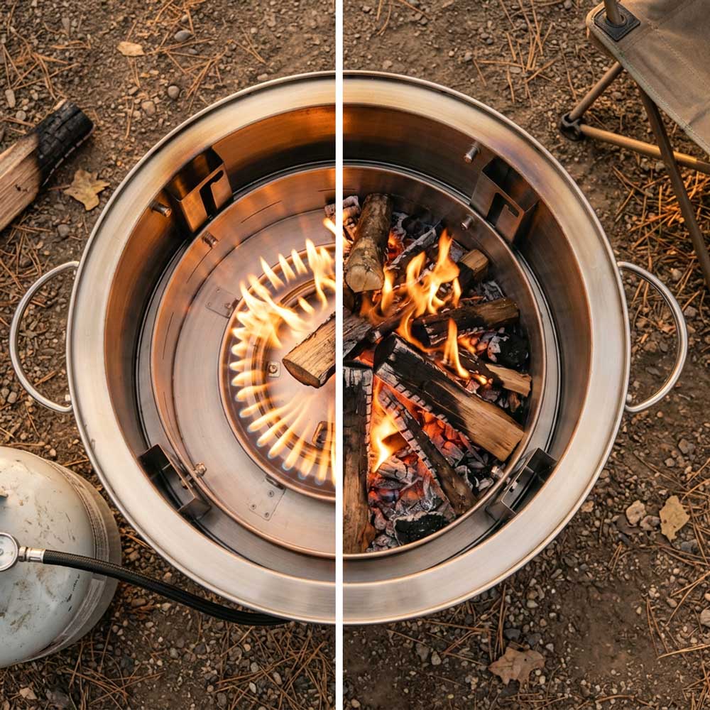 slinky stove collapsible fire pit | dual fuel system | wood and propane