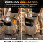 Slinky Stove collapsible pizza oven shown collapsed for storage and expanded for cooking on the Slinky Stove Fire Pit.