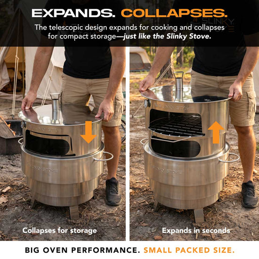 Slinky Stove collapsible pizza oven shown collapsed for storage and expanded for cooking on the Slinky Stove Fire Pit.