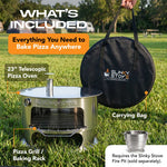 Slinky Stove 23-inch collapsible pizza oven with grill rack and carrying bag; Slinky Stove Fire Pit required and sold separately.