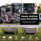 Collapsed Slinky Stove 23-inch pizza oven beside the fire pit at an RV campsite, with inset showing storage in the included carrying bag.