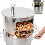 Slinky Stove 23-inch collapsible pizza oven mounted on the Slinky Stove Fire Pit, with a pizza on the grill grate and flames below. Fire pit sold separately.