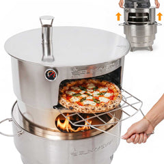 Slinky Stove 23-inch collapsible pizza oven mounted on the Slinky Stove Fire Pit, with a pizza on the grill grate and flames below. Fire pit sold separately.