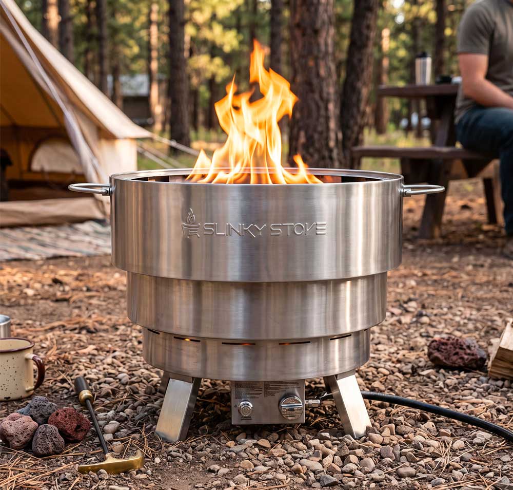 Slinky Stove stainless steel fire pit burning propane at a wooded campsite.