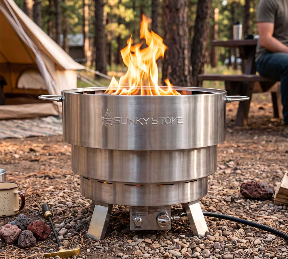 Slinky Stove stainless steel fire pit burning propane at a wooded campsite.